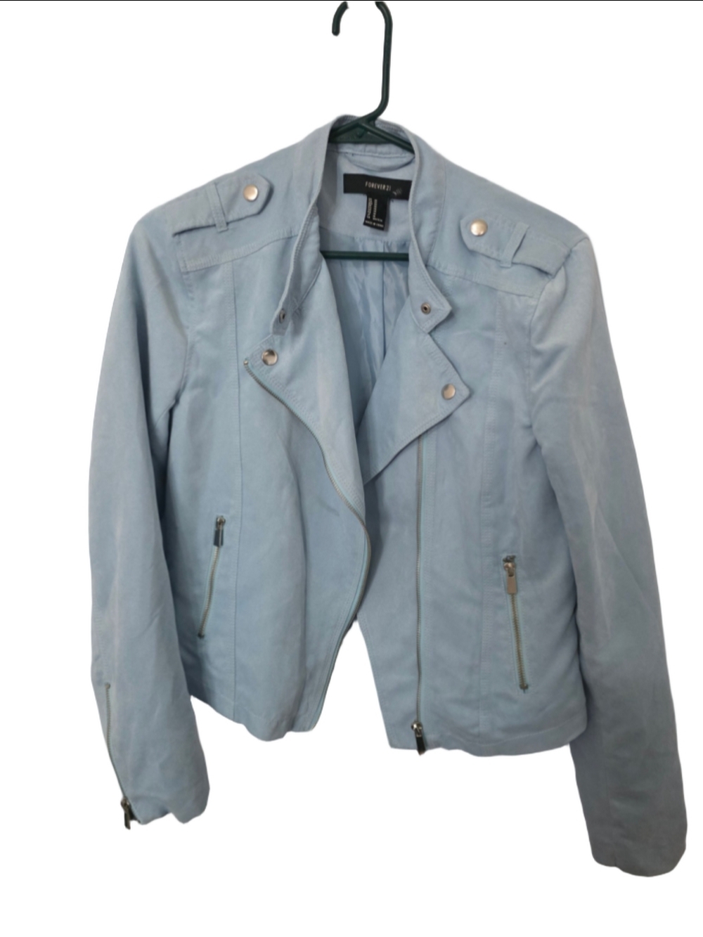 Women's Forever 21 Faux Suede Moto Jacket, Size M, Light Blue fall y2k cozy